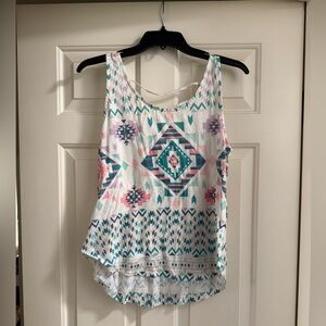 Elodie Women’s Printed Tank Top - White with Teal & Pastel Geo Print